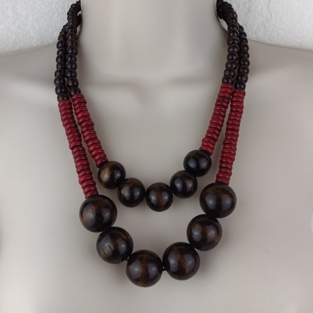 Mahogany & Navajo Red Chunky Layered & Wood Bead Necklace & Earrings